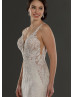 Beaded Ivory Lace Tulle Pearl Deep V Buttons Back Wedding Dress